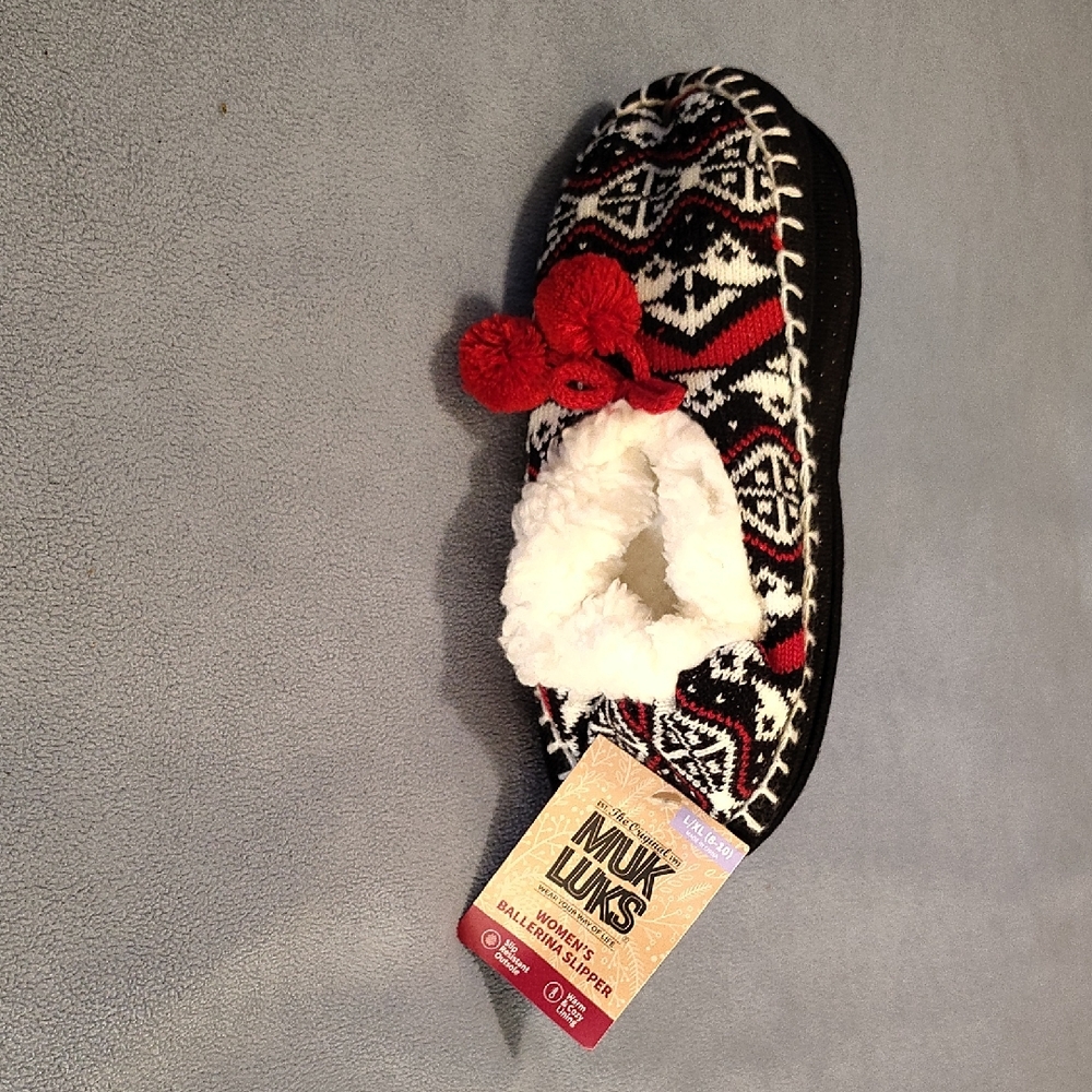 Muk Luks Black and White Slipper with Red Accents